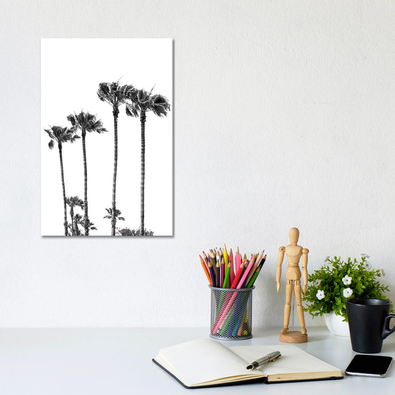 Palm Trees at the Beach | Black & White 1 Piece Wrapped Canvas Wall Art, 20.32 cm H x 30.48 cm W