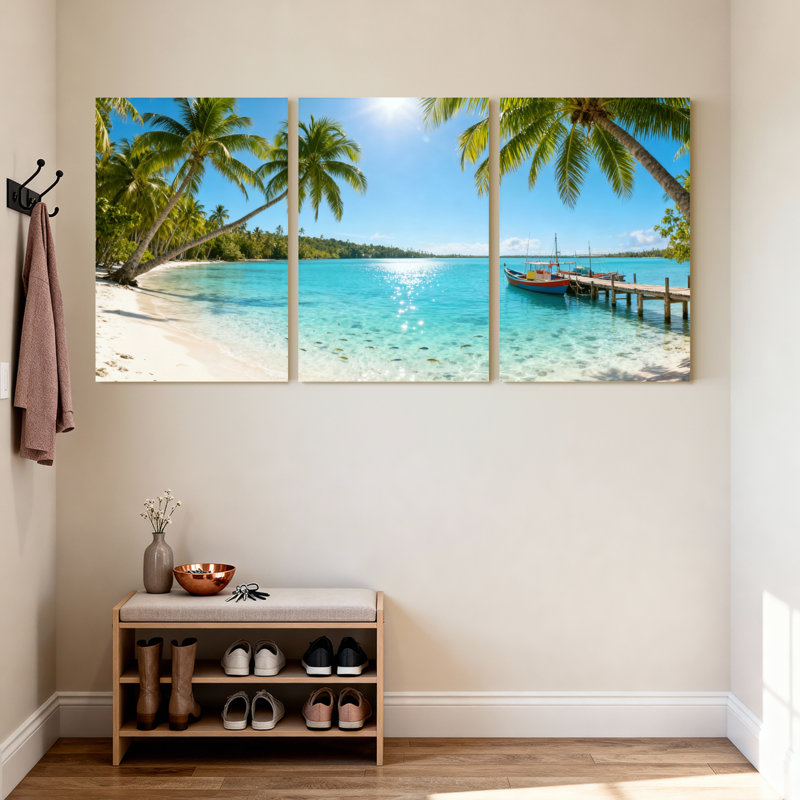 Scénario et paysages urbains, plage tropicale, palmiers, bateau à eau transparent, ensemble de 3 impressions sur toile