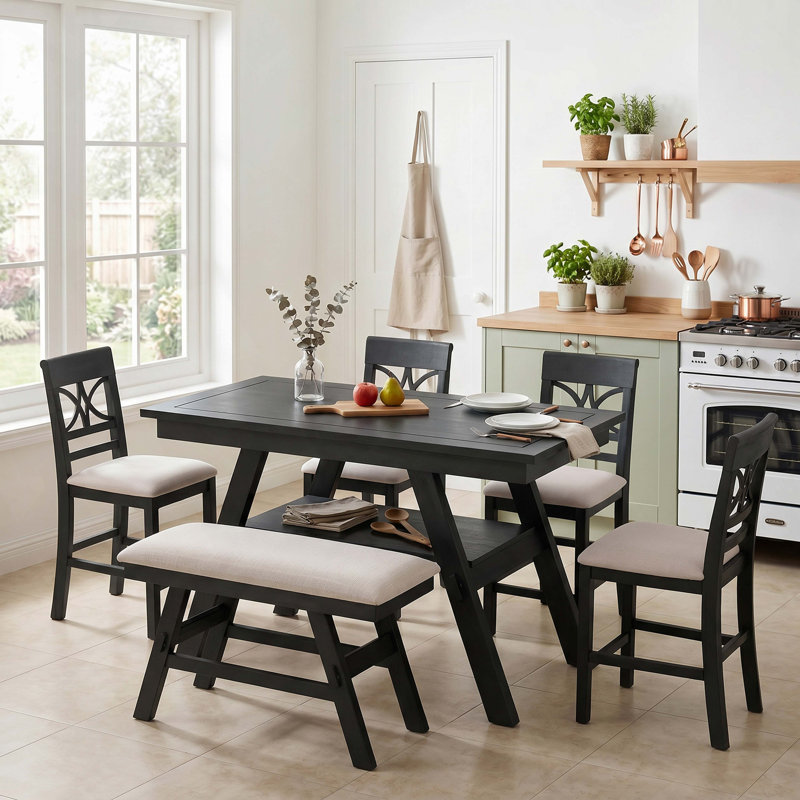 Ensemble de table de salle à manger 6 pièces à hauteur de comptoir en bois avec tablette de rangement, ensemble de table de cuisine avec banc et 4 chaises, style rustique