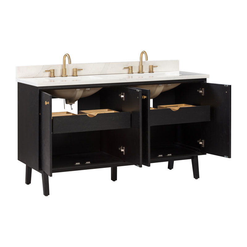 Adele 60" Free Standing Double Bathroom Vanity with Quartz Top, Black, Gold
