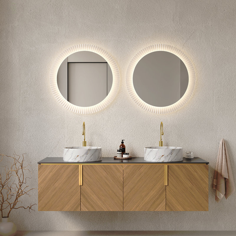 Ensemble de meuble-lavabo 60 po, 4 portes, 2 lavabos ronds en céramique avec motif en pierre et comptoir en pierre frittée 60 po