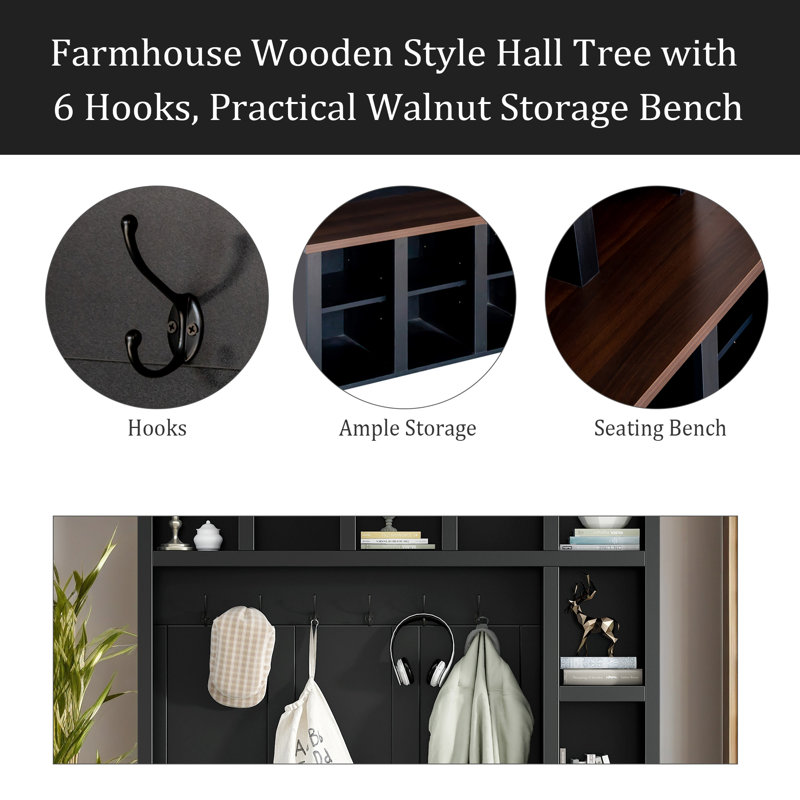 Farmhouse Wooden Style Hall Tree With 6 Hooks, Practical Walnut Storage Bench With Adjustable Shelves, 4-In-1 Entryway Shoe Cabinet With 13 Cubbies For Mudroom, Living Room