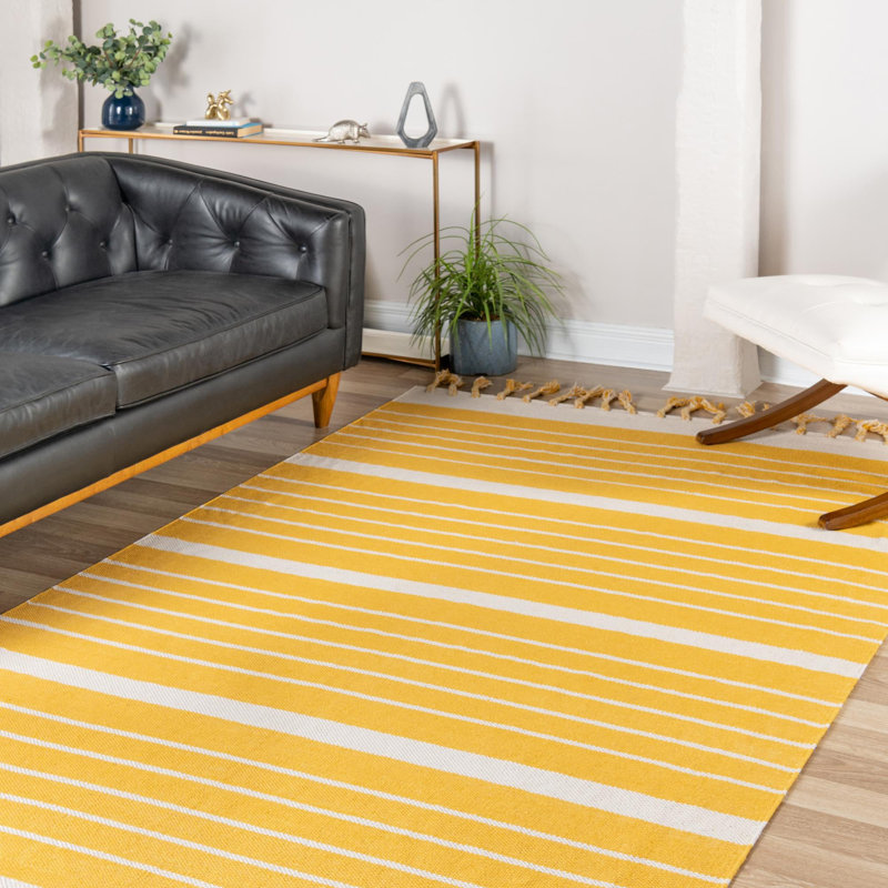 Tapis rectangulaire rayé en coton tissé à la main bleu marine / blanc Abish, Rectangle 8 pi x 10 pi