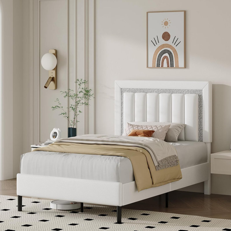 Faux Leather Upholstered Bed with Diamond Vertical Stripe Design, Twin, White