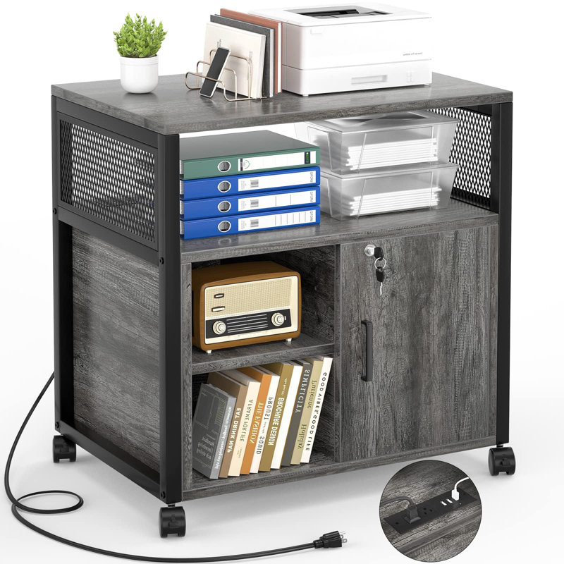 Classeur avec serrure et port de chargement USB, support à imprimante moderne avec rangement, Chêne gris / Noir