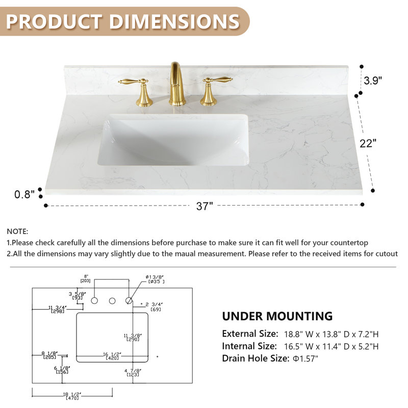 Ceres 37" Grain White Engineered Stone Vanity Top with Sink