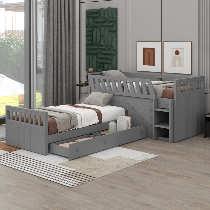 L-Shaped Space-Saving Twin Loft And Twin Platform Bed With 7 Drawers And Guardrails, Grey