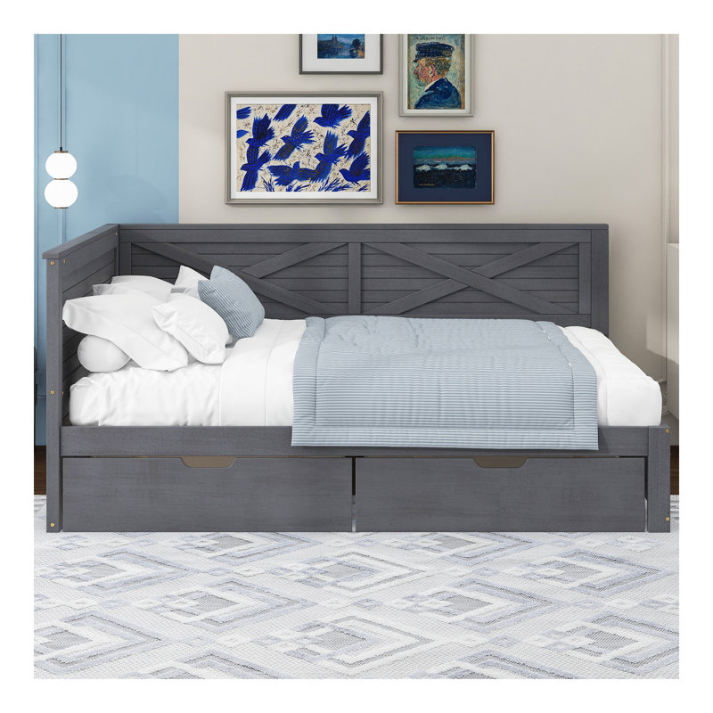 Lit de jour simple en bois avec 2 tiroirs et garde-corps rustique, gris antique