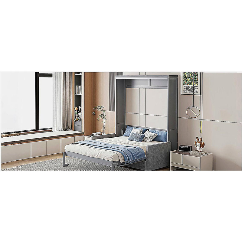 Lit escamotable double avec oreiller, gris, Gris
