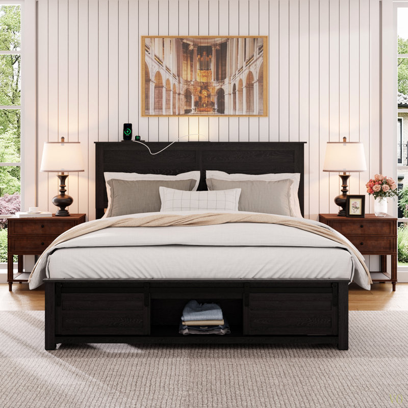 Bed Frame with Headboard and Wood Platform, Storage Headboard with Charging Station and LED, Bed Frame with Pet Bed, No Noise, No Box Spring Needed, Easy Assembly