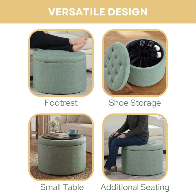 Stansell 22" Wide Tufted Round Storage Ottoman, Green Faux Linen