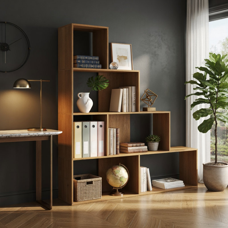 Étagère à 4 niveaux en forme d'escalier avec 6 compartiments ouverts, finition imitation bois, présentoir moderne pour salon, chambre et bureau, brun clair