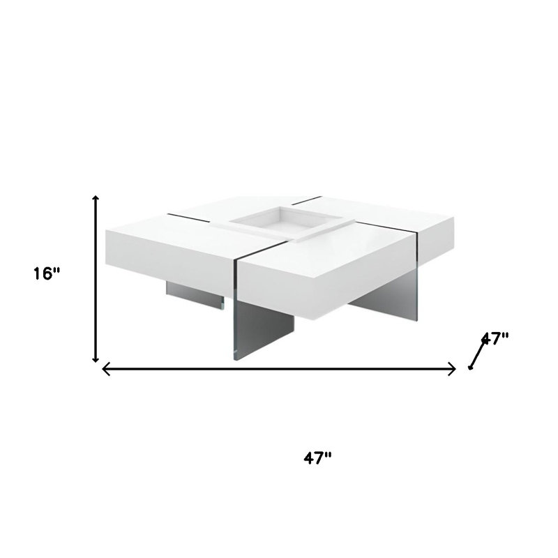 Table basse 47 "carrée en bois et verre transparent blanc et transparent