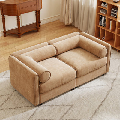 Élégant canapé en chenille 2 places Camel avec siège de rangement, dossier cylindrique et accoudoirs, causeuse moderne en tissu avec espace de rangement caché