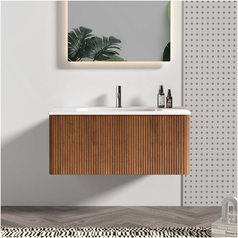  Striped Walnut Bathroom Vanity With White Ceramic Sink, Wall Mounted Floating Bathroom Vanity For Modern Bathroom, 36"