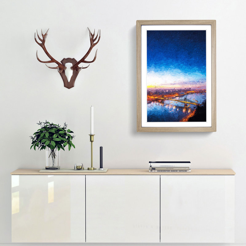 Budapest Skyline in Hungary in Abstract - Picture Frame Painting Print, 65cm H x 48cm W x 2cm D, Oak Framed