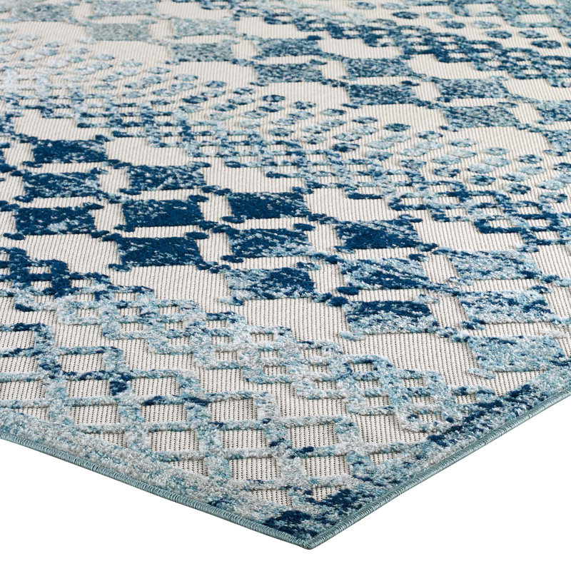 Ivory and Blue Trellis Synthetic 8' x 10' Easy-Care Area Rug