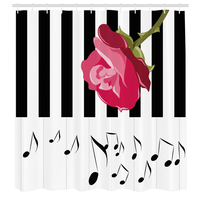 Pink Black White Musical Notes Rose Fabric Shower Curtain