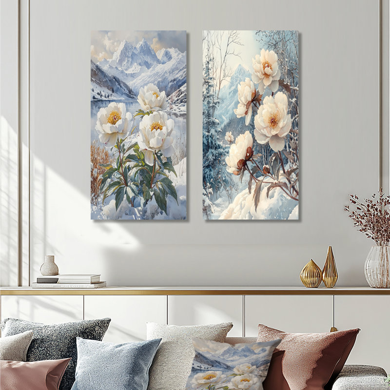 Pivoines enneigées dans la forêt I - Collection d'art mural floral 2 pièces, H 28 po x l 25 po, Toile tendue