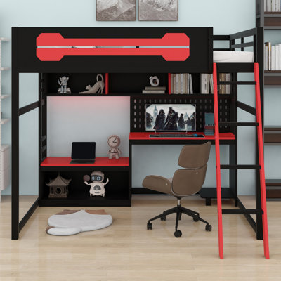 Lit mezzanine en bois avec bureau, tablettes, lumières DEL, ports USB et panneau perforé