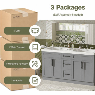 59.3-Inch Freestanding Double-Sink Bathroom Vanity with Integrated SMC Top, Gray Painted 15 mm MDF Cabinet, 3 Drawers, 4 Soft-Close Doors and Adjustable Shelves