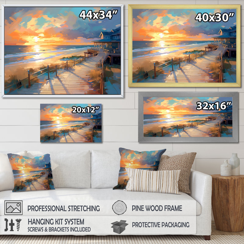 «Beach Road To Majestic Sunset» sur toile, Cadre flottant blanc, H 34 po x l 44 po