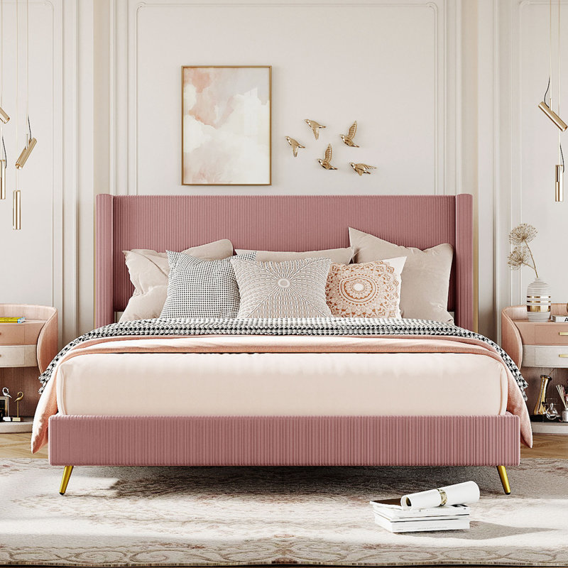 Cadre de lit moderne avec tête de lit en bois, Rose