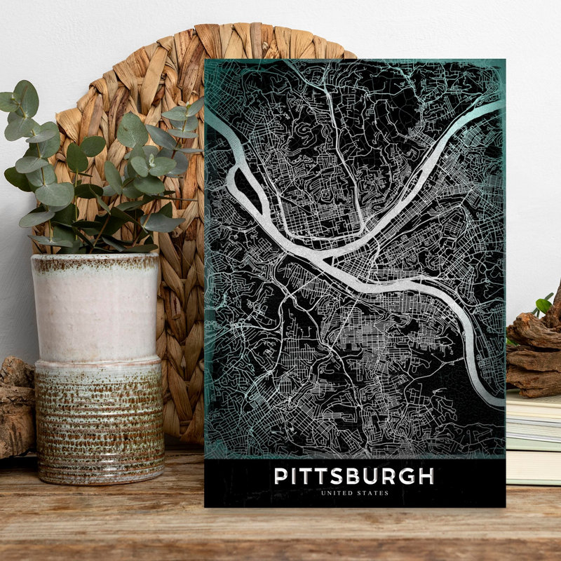 Modern Pittsburgh City Map Retro Vintage City Architecture Wall Art Print 1 Piece Wrapped Canvas Wall Art