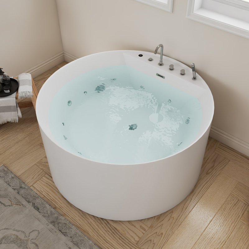 Baignoire tourbillon autoportante ronde en acrylique de 47 po, 6 jets de massage, éclairage DEL et robinet à 4 trous