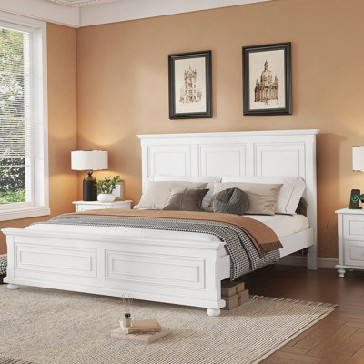 King Size Bed With Tall Headboard, And  Footboard, USB Charging Station, Pinewood Bed With Strengthened Bed Frame,White
