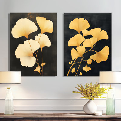 Feuilles de ginkgo dorées I - Ensemble de 2 impressions sur toile Ginkgo