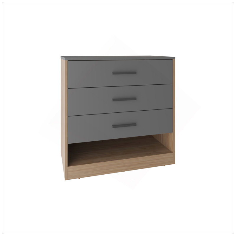 Alder 27" High Three Drawer Dresser And Open Shelf, Bedroom, Entryway, Side Board, Matte Gray, Light Gray