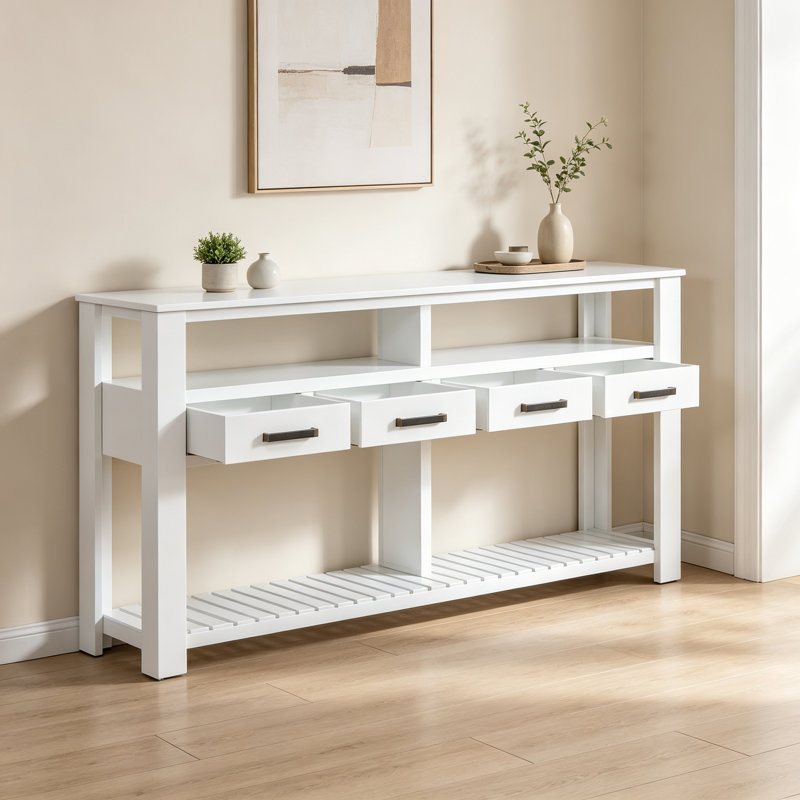 Table console avec tiroirs et tablettes ouvertes, White, White, White