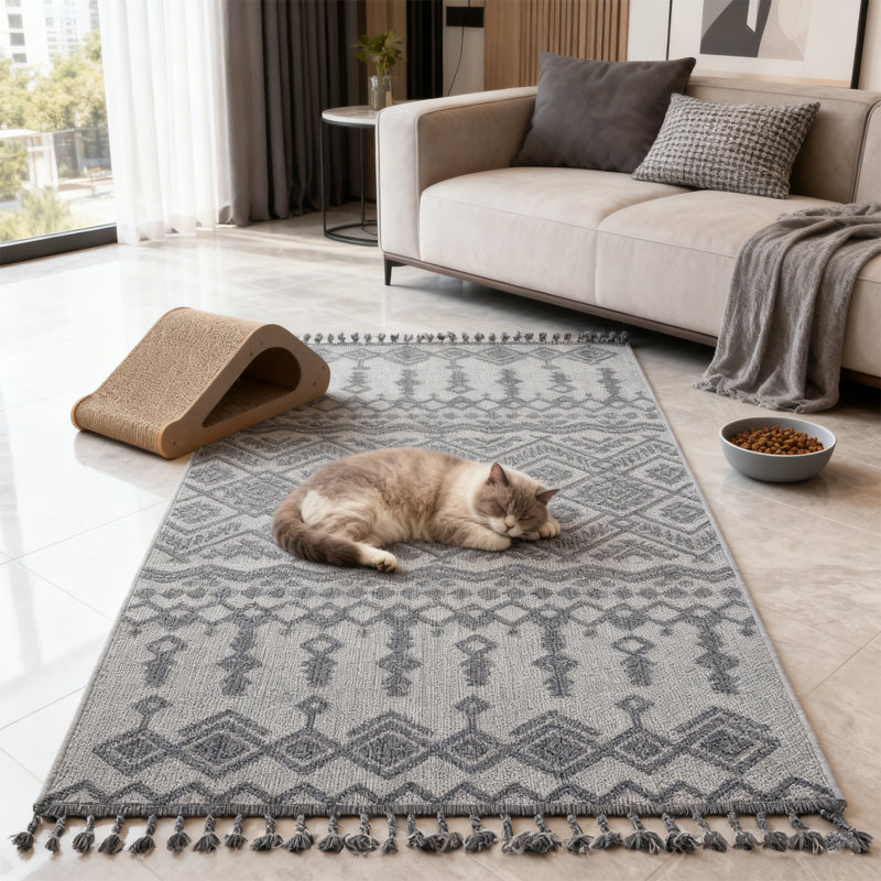 Comfy Area Rug 4' x 6', Grey Woven Cotton Bedroom Rugs, Modern Indoor Accent Rug Floor Carpet with Tassel for Living Room, Nursery Room, Dining Room, Bedside, Office, Patio Decor