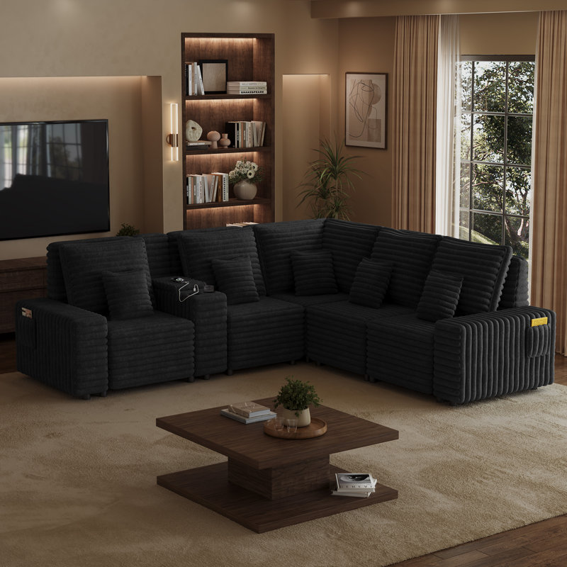 Canapé modulaire inclinable électrique en L avec porte-gobelets de console de rangement et ports USB pour le salon