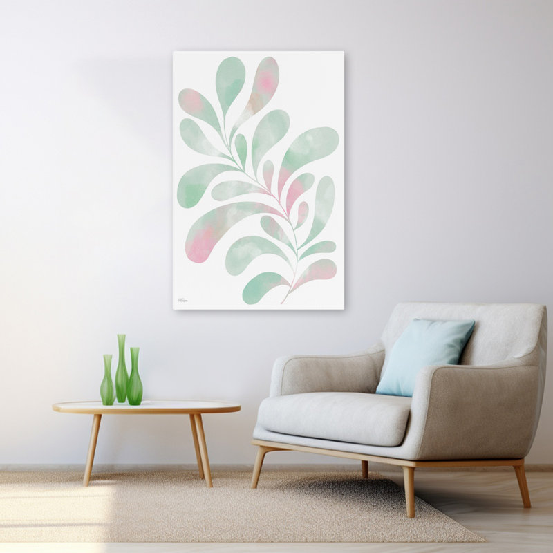 Menthe eucalyptus 2 - Art contemporain verdure stylisée, feuillage abstrait pastel rose et vert, H 48 po x l 32 po