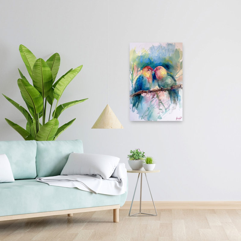 «Colorful Lovebirds» aquarelle abstraite, oiseau romantique coloré, impression d'art mural tropical, 24" H x 16" W