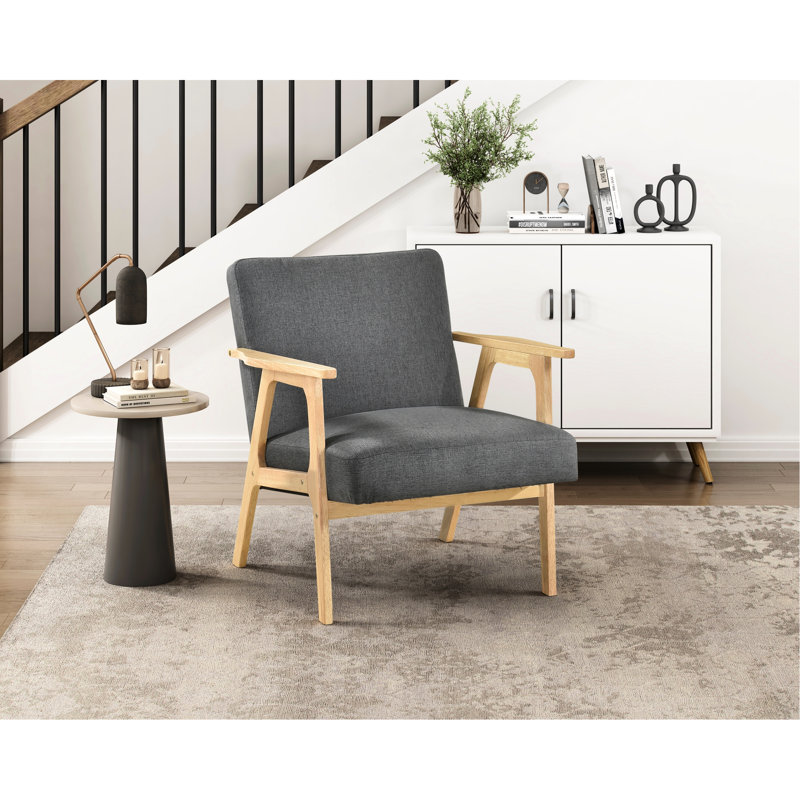 Chaise d'appoint moderne 1 pièce gris foncé avec revêtement en tissu texturé, structure en bois d'hévéa massif et finition en bois rembourré d'aspect minimaliste naturel, hauteur de l'assise de 17,5 po pour une bonne posture