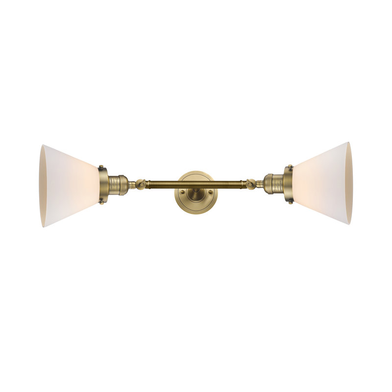 Cone 2 Light Bath Vanity Light, 6 Watt Vinage LED Bulb, Brushed Brass, Matte White Cased