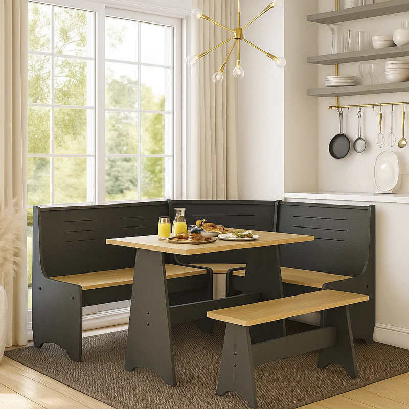 59" Chapman 3-Piece Corner Breakfast Nook Dining Set With Storage Benches – Black & Oak Finish, Tan Tabletop / Black Base