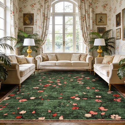 Area Rug for Living Room, Vintage Floral Rug, Washable Non Slip & Low Pile Carpet for Living Room, Bedroom, Dining Room