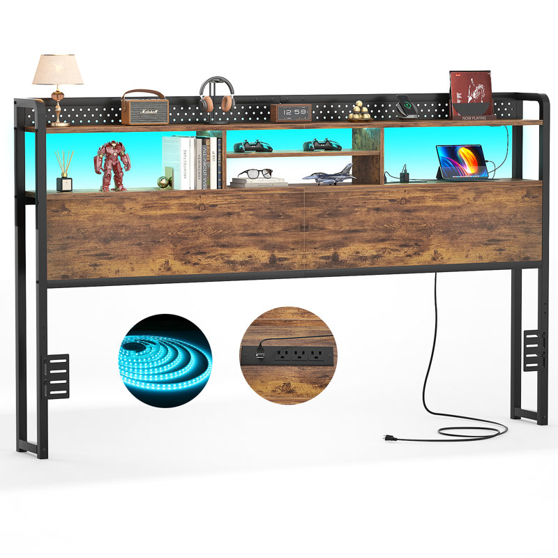 Miljenko Headboard with Led Lights & Charging Station, Brown, King