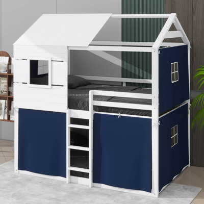 Lit superposé simple en bois, lit sur le thème de la maison avec fenêtres et tente, structure mezzanine basse avec barrière de sécurité
