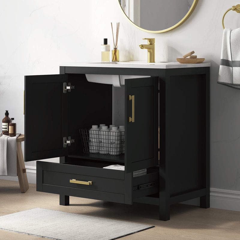 Sirois 31" Black Single Sink Bathroom Vanity With Solid Surface Composite Top, 31", Black