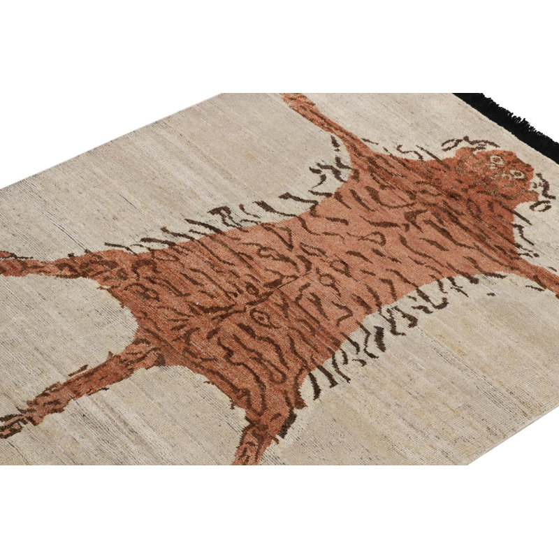 Classic Contemporary Tiger Rug In Beige-Brown, Orange, Rectangle 10' x 14'