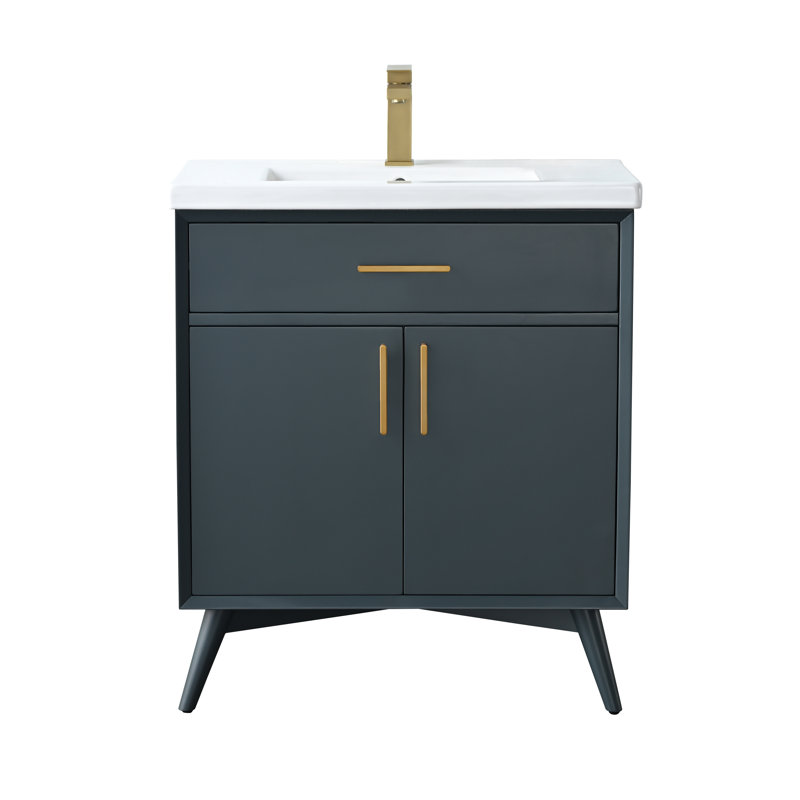 Lalena 30'' Single Bathroom Vanity with Ceramic Top, Vintage Blue/Brushed Bronze