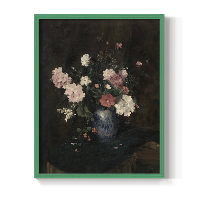 Impression florale rétro avec encadrement L III - bois massif, H 21 po x l 17 po, Vert