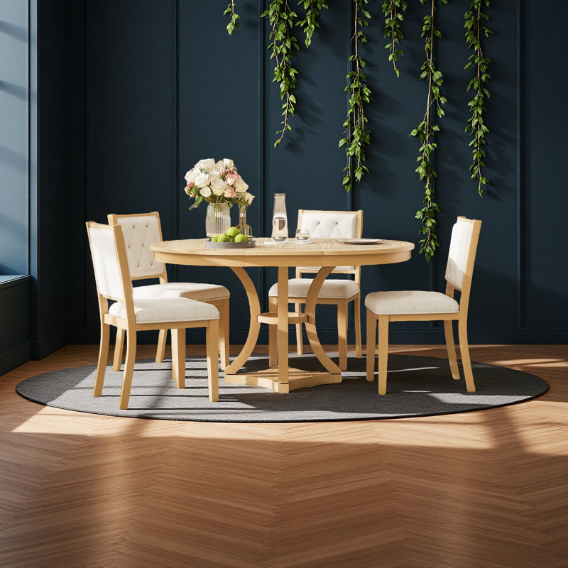 5-Piece Retro Functional Dining Table Set Extendable Round Table And 4 Upholstered Chairs, Natural