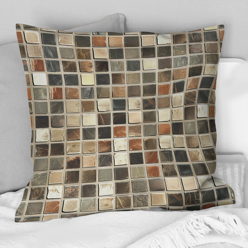 Carreaux de mosaïque brun et beige II - Coussin décoratif moderne, H 16 po x l 16 po