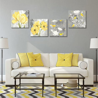 Jaune jaune, art mural pour salle de bain, fleurs, impressions sur toile encadrées, 4 panneaux